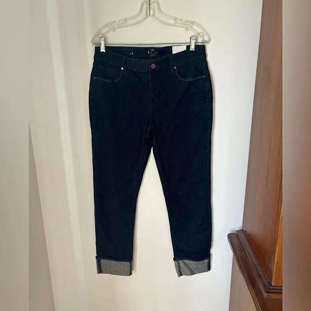 White House Black Market Mid Rise Slim Ankle Jeans 4 Metallic Cuff Dark Wash